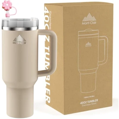 Imagen de Tumbler 40oz Taza Termica Cafe para llevar con Pajita Vaso Termico Acero Inoxidable Asa Bebidas frías y calientes Fría durante 10 horas Helada 48 1200ml Cuarzo Rosa