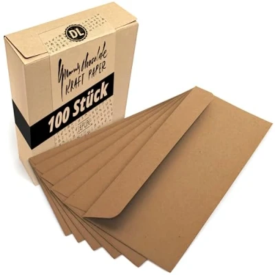 Imagen de Japun sobres (100 piezas) de papel kraft vintage marrón, sobre sin ventana DIN largo 220x110 mm