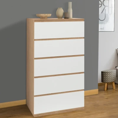 Imagen de Chiffonnier 5 tiroirs TOMI 60 cm bois façon beech et blanc commode semainier