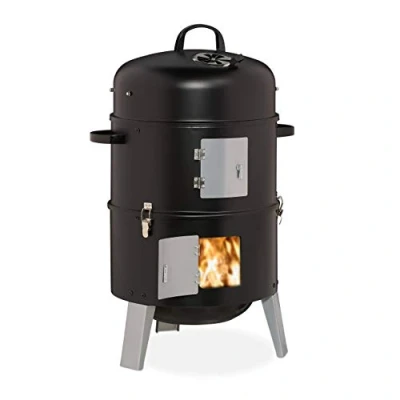 Imagen de Relaxdays Smoker Ahumador Barbacoa 3en1, Barril Asar, Ahumar y Cocinar Carnes, Termómetro Salida de Aire, ∅40cm, Acero, Negro, 80 x 52 40 cm