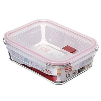 Imagen de Tatay Fiambrebra de Alimentos, Vidrio, Hermética, 1.5L Capacidad, Tapa Clip, Libre BPA, Apto Microondas, Horno, Congelador y Lavavajillas, Color Rojo. Medidas 17.7 x 23x 7.6 cm