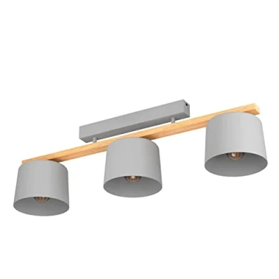 Imagen de Eglo lámpara de techo Mariel, barra con 3 plazas, spot bar escandinavo, iluminador sala acero en gris claro y madera, FSC100HB, foco casquillo E27