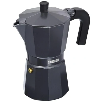 Imagen de Monix Vitro Noir Cafetera Italiana de Aluminio 6 Tazas, Apta para Todo Tipo cocinas Salvo inducción, Color Negro, Cups