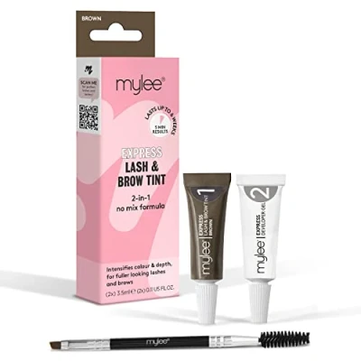 Imagen de Mylee Kit Express para Pestañas y Cejas Fórmula 2 en 1 Sin Mezcla, Tinte + Gel Revelador Pincel de Doble Cara, Profesional, Duradero, Semi Permanente, Rápido Fácil (Castaño)