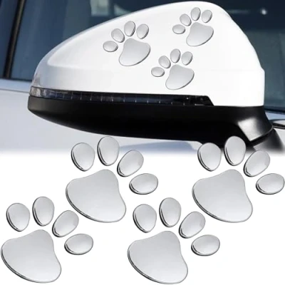 Imagen de MINGZE 4 Piezas 3D Cromo Perro Pata Huella Etiqueta Engomada del Coche, Calcomanías de Coches, Decoración Auto La Emblem para Coches Parabrisas Pared (Plata)