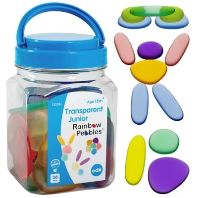 Imagen de edx education Guijarros arcoíris Junior Bote mini Transparentes Piedras Para ordenar y apilar Material táctil matemático edad 18M+