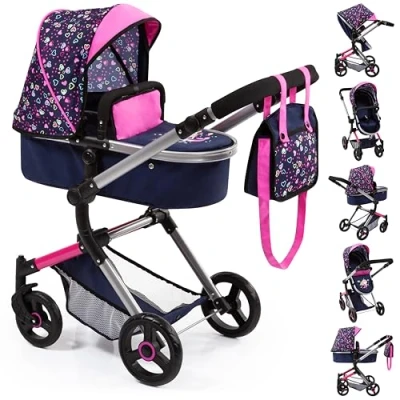 Imagen de Bayer Design 18417Aa, Cochecito de Muñecas, Carro Neo Vario, Combolsa, Convertible, Plegable, Ajustable, Azul Comsirena, Color, Diseño Corazón