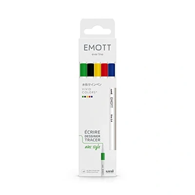 Imagen de Uni ball Emott Mitsubishi Pencil Vivid Colors Paquete de 5 rotuladores Para escribir, dibujar y trazar con estilo, punta fina, 0,4 mm, azul, amarillo, rojo, verde, negro