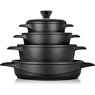 Imagen de briebe Batería Cocina Inducción 8 Piezas, Juego 4 Ollas Aluminio Fundido, Antiadherente ILAG GRANITEC sin PFOA, Set Cazuelas Tapas Cristal, Guantes Silicona, Vitrocerámica, Gas, Horno, MGK 17S