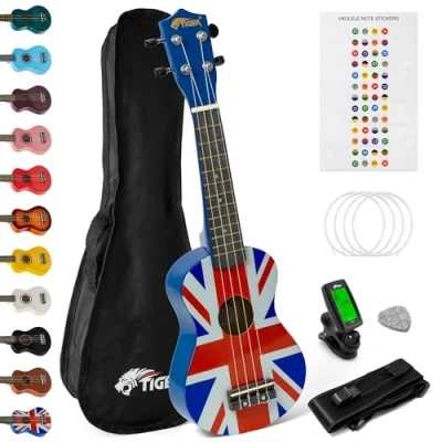 Imagen de TIGER UKEKIT UK El pack de ukelele soprano para principiantes incluye afinador cromático, correa, estuche, juego cuerdas repuesto