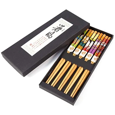 Imagen de 5 Pares De Estilo Japonés Sushi Palillos Regalo Conjunto Bambú Lavable Y Reutilizable