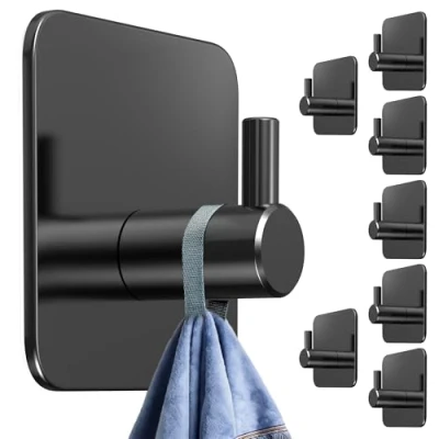 Imagen de 4smile Toallero sin taladrar en juego de 8 unidades, ganchos negros autoadhesivos con almohadillas adhesivas, soportes adhesivos inoxidables, extrafuertes como para toallas cocina y baño