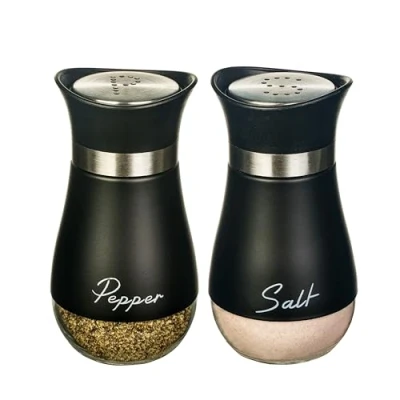 Imagen de Juego de salero y pimentero, pimentero con fondo cristal tapa acero inoxidable, utensilios cocina, recipiente para especias, coctelera barbacoa Shakers Set (negro)