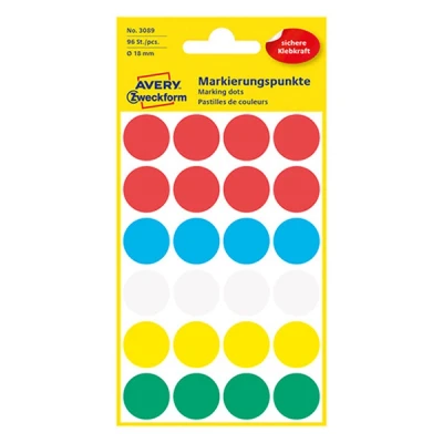 Imagen de Avery Zweckform 3089 puntos de marcación autoadhesivos, 18 mm diámetro, 96 adhesivos en 4 hojas, pegatinas redondas para calendario, planificadores y manualidades, papel, mate)