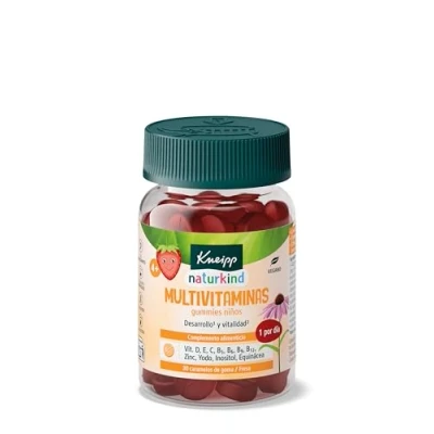 Imagen de Kneipp Gummies Niños Multivitaminas, Vitaminas D, E, C, B5, B6, B9, B12, Zinc, Yodo, Inositol y Equinácea, Energía, Función Cognitiva, Sistema Inmunitario, Sabor Fresa, 30 Gominolas