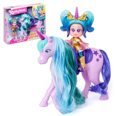 Imagen de Kookyloos Star Unicorn unicornio con pelo real y muñeca Aurora. Incluye el Star, la exclusiva Aurora, ropa zapatos de moda, 1 cepillo accesorio