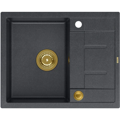 Imagen de QUADRON fregadero de cocina negro granito tamaño 62 x 50 22 cm, color:Negro + Dorado MORGAN 116 un seno con escurridor empotrado agujero para grifo