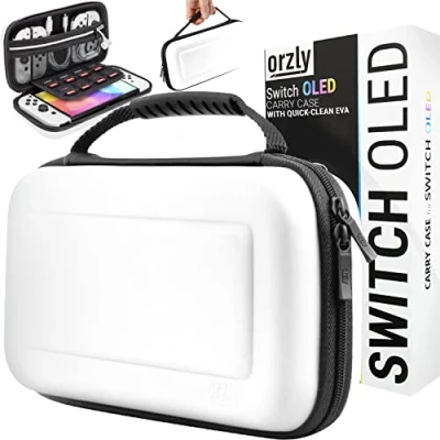 Imagen de Funda Protectora Resistente de Viaje Marca Orzly para Nintendo Switch Blanca OLED y Original con múltiple almacenaje Juegos Accesorios Fácil Limpiar edición Caja Regalo