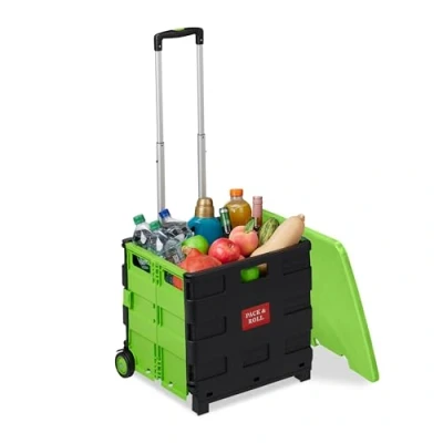 Imagen de Relaxdays Carro de la Compra Plegable, Carrito Transporte con Ruedas y Tapa, Asa Telescópica, hasta 35kg, Verde/Negro, 99 x 45,5 37,5 cm