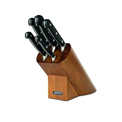 Imagen de Arcos Serie Clasica Juego de Cuchillos 5 piezas en Caja Regalo (5 Cuchillos) Hoja Acero Inoxidable Forjado NITRUM Mando Polioximetileno (POM) Bloque madera color marrón acabado lacado