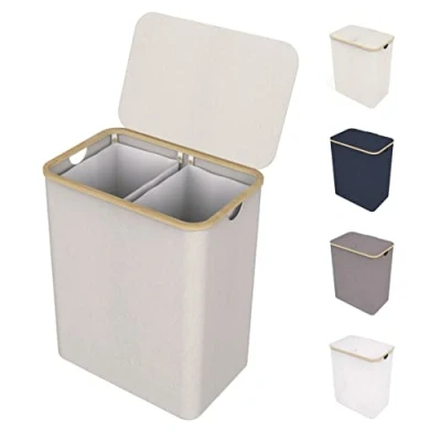 Imagen de Lonbet Cesto Ropa Sucia Beige Doble de Bambú con Tapa y Bolsas Lavandería Extraíbles XXL 150 L Cesta Extra Grande 2 Secciones Clasificador Compartimentos