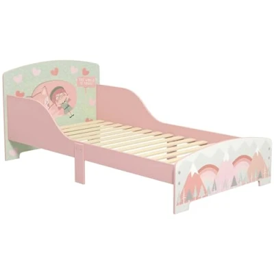 Imagen de ZONEKIZ Cama Infantil de Madera 143x77x60 cm para Niños 3 6 Años con Barreras Protección y Estampados Carga Máx. 40 kg Mueble Dormitorio Moderno Rosa