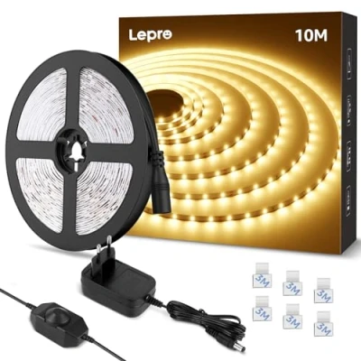 Imagen de Lepro Tira LED 10M Blanca Cálida 3000K, Luz Regulable 600 LEDs, 1800lm, Cadena Autoadhesiva para Decoración Navideña de Cocina Interior(con Fuente Alimentación y Regulador Intensidad)