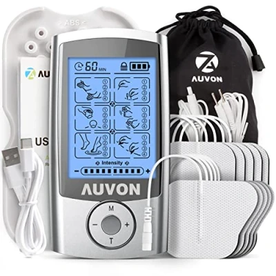 Imagen de AUVON TENS Electroestimulador recargable con 24 programas, 2 canales y 10 Electrodos diseño patentado para aliviar el dolor muscular de en la espalda, cuello los hombros
