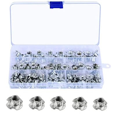 Imagen de 80 Piezas Cuatro Puntas T Nuts,Tuercas en Roscadas Con Puntas, Chapado Zinc de Galvanizadas, Acero al Carbono, Mmuebles Madera (M3, M4, M5, M6, M8)