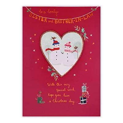 Imagen de Clintons: Tarjeta de Navidad con diseño muñeco nieve en el corazón para hermana y hermano la ley