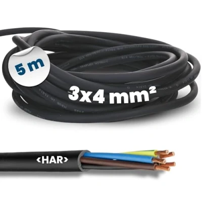 Imagen de Kalitec H07RN F cable de goma con conductor protección para exteriores (5 m, 3 x 4 mm², eléctrico negro, flexible, resistente a los rayos UV y al aceite, 3G4, núcleos)
