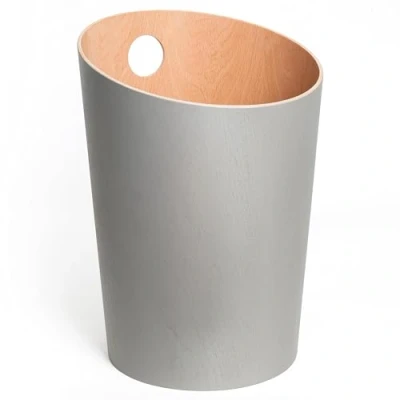 Imagen de Kazai.® Papelera de Diseño &#039;Bennet&#039; Cubo Basura Única para Oficina, Dormitorio, Habitación Infantil y Más Hecha Chapa Madera Real Gris (claro)