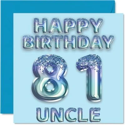 Imagen de Tarjeta de cumpleaños número 81 para tío, globos fiesta con purpurina azul, tarjetas feliz tío años sobrino sobrino, felicitación 145 mm x