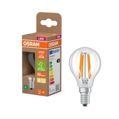 Imagen de OSRAM Energy Class con forma clásica de mini bola, 2,2 W / 470 lm, EEK A, (2700 K), CRI 80, fabricada en vidrio transparente sin plomo, E14, IP20, 45 mm DM, paquete 6 unidades