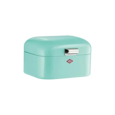 Imagen de WESCO Panera Mini Grandy en color verde menta, chapa de acero pulverizada, orificios ventilación y mango estable