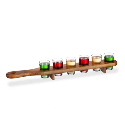 Imagen de Relaxdays Tabla de disparo madera, juego 3, 18 vasos, placa práctica, medio metro, ideal para regalo, bandeja, color marrón