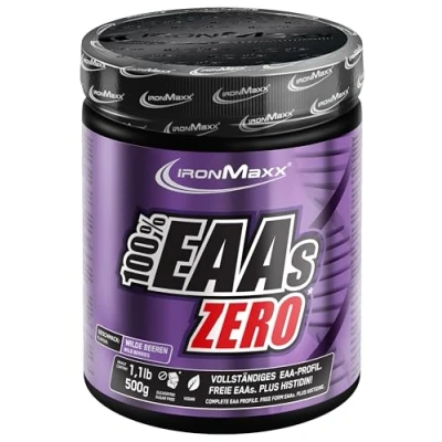 Imagen de IronMaxx 100% Porciento EAAS ZERO aminoácidos polvo contiene todos los 8 esenciales con alto contenido de BCAA Amino vegano sabor: bayas silvestres dosis alta envase 500g