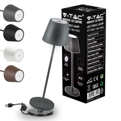 Imagen de V TAC Lámpara de Mesa Inalámbrica LED Regulable con Controles Táctiles Gris para Interiores y Exteriores Hogar o Restaurante Batería 4400 mAh Luz Blanca Cálida 3000K