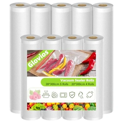 Imagen de Glovios Bolsas Vacio Alimentos, 9 Rollen Envasar Al 28/20 x 300cm Rollos Envasadora para Conservación de Alimentos y Sous Vide Cocina