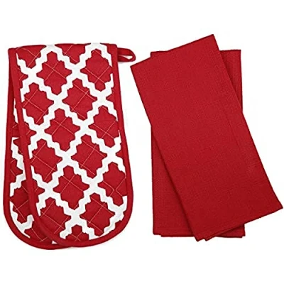 Imagen de Penguin Home 3056 Guantes y Toallas de té Oven 100 Suave, Duradero súper Absorbente (Juego 3 Piezas, Rojo Diamante), Algodón, 73 X18 X2 cm