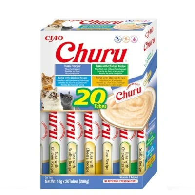 Imagen de INABA Churu Puree Multipack Golosinas para gatos 20 tubos: 5X atún, atún con pollo, vieira y queso