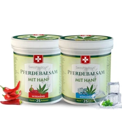 Imagen de SwissMedicus Bálsamo de caballo con cáñamo refrescante y cálido, crema masaje para músculos ligamentos, ideal deportistas, extractos plantas naturales, 2 x 250 ml