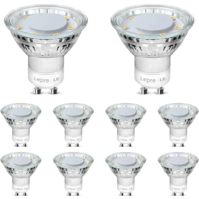 Imagen de Lepro Bombillas LED GU10 Cristal 4W, Bombilla Equivalente 50W Halógena, Lámpara 325 Lúmen Blanco Cálido 2700k, Ángulo de Haz 100, Paquete 10