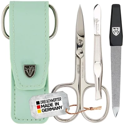 Imagen de DREI SCHWERTER Juego de manicura y pedicura 3 piezas en estuche piel sintética, color menta. Fabricado Alemania. Contenido: tijeras uñas, pinzas, lima uñas zafiro