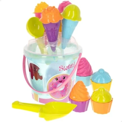Imagen de ColorBaby Color Beach Set Juguetes de Playa, Cubo Pala y rastrillo, Regadera moldes, Juegos Arena, Verano, Bolsa Red para Juguetes, Recomendado bebés 18 Meses (49265)