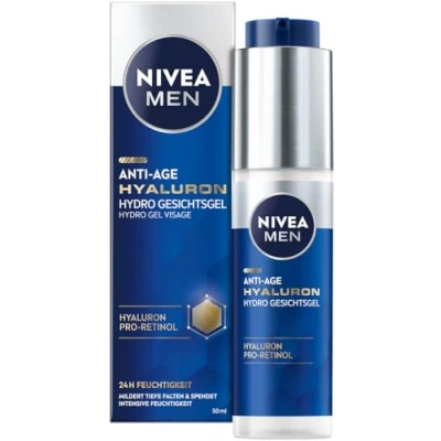 Imagen de NIVEA MEN gel facial Hydro antiedad con ácido hialurónico y pro retinol, de absorción rápida para 24 horas hidratación intensa mitigación visible arrugas (50 ml)