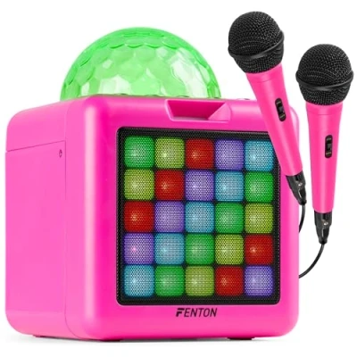 Imagen de Fenton KAR15P Karaoke portátil Bluetooth con 2 Micrófonos, Máquina Infantil Luces LED, Batería Recargable, USB C, 5.3, 15W de Potencia, Altavoz Color Rosa