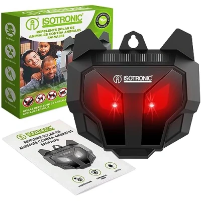 Imagen de ISOTRONIC Ahuyentador solar de animales contra salvajes como mapaches, ciervos, zorros, jabalíes, etc. Repelente eficaz con luz LED roja (1)
