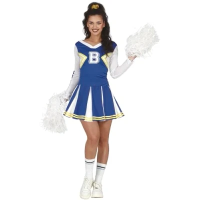 Imagen de FIESTAS GUIRCA Disfraz de Animadora Vestido Azul y Blanco Uniforme Americano Cheerleader con Mangas Largas para Mujer Adulta Talla S 36 38
