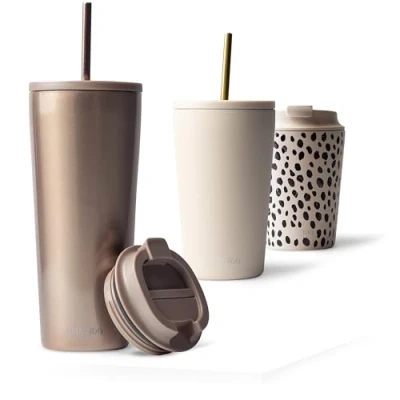 Imagen de MAMEIDO Termo Cafe con Pajita y Tapa 700ml Vaso Termico Antigoteo, Taza Termica acero inox sin BPA, para llevar (Rosé Quartz, 0,7l)